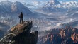 A lone hiker stands atop a rocky peak looking out at the sprawling cityscape below and the majestic mountains in the distance.