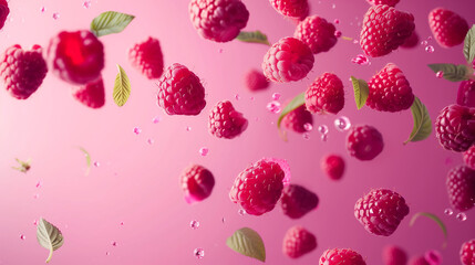 Wall Mural - Various falling fresh ripe raspberries on light pink background,