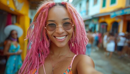 Poster - A happy woman with pink hair and sunglasses is smiling while taking a selfie. Her pink lips, chin, and eyebrows are highlighted, showcasing her trendy eyewear and leisurely attitude