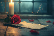 Dramatic Representation of Vintage Love Letter in Candlelit Ambiance with Rose Embellishment