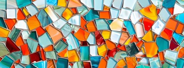 Wall Mural - Colorful glass mosaic tile background with white, orange and teal colored blocks
