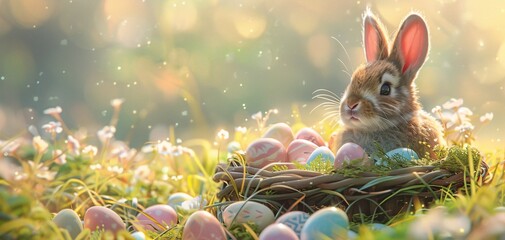 Wall Mural - Easter Bunny Amidst a Nest of Colorful Eggs Generative AI