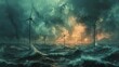 A painting of a stormy sea with many wind turbines in the water. The mood of the painting is dark and ominous, with the stormy weather and the turbines in the water creating a sense of danger