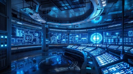 Wall Mural - A futuristic room with blue walls and a large circular screen. The room is filled with computer monitors and a large central screen. Scene is futuristic and high-tech