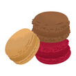 Three brownie macaroons of different colors. Sweet pastries for the holiday table. Candy store. Vector illustration isolated on transparent background.