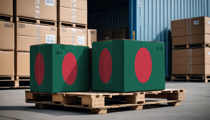 Stacked cardboard boxes and a Bangladesh flag on a pallet, representing international trade