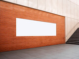 Fototapeta  - Billboard Banner signage mock up Media display on brick wall with stairs