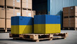 Stacked cardboard boxes and a Ukraine flag on a pallet, representing international trade