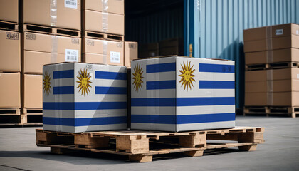 Stacked cardboard boxes and a Uruguay flag on a pallet, representing international trade