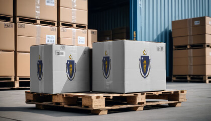 Stacked cardboard boxes and a Massachusetts flag on a pallet, representing international trade