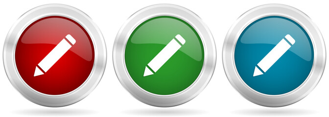 Leinwandbilder - Pencil vector icon set. Red, blue and green silver metallic web buttons with chrome border