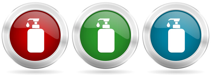 Aufkleber - Liquid soap vector icon set. Red, blue and green silver metallic web buttons with chrome border
