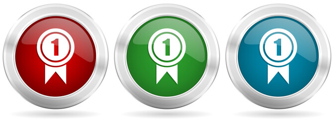 Aufkleber - Victory, first, winner vector icon set. Red, blue and green silver metallic web buttons with chrome border