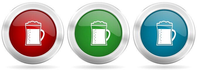 Aufkleber - Beer in mug, lager, drink vector icon set. Red, blue and green silver metallic web buttons with chrome border
