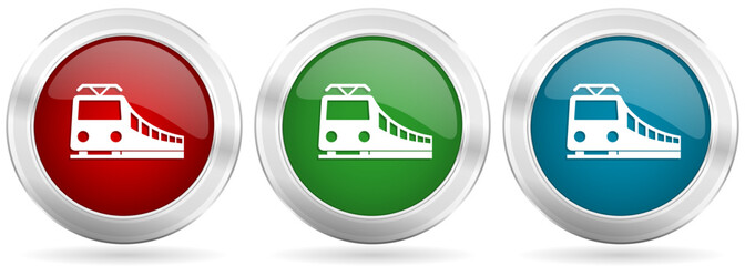 Aufkleber - Train, railway, transportation vector icon set. Red, blue and green silver metallic web buttons with chrome border