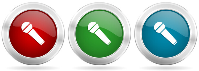 Fototapete - Microphone and music, karaoke vector icon set. Red, blue and green silver metallic web buttons with chrome border