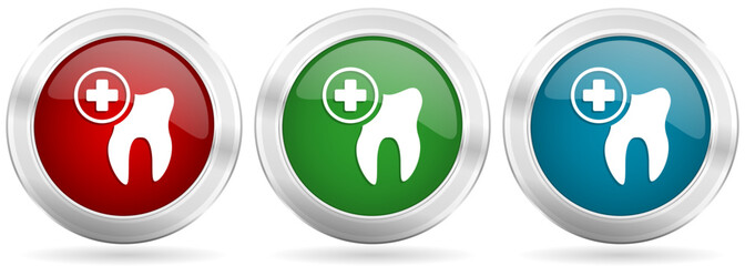 Leinwandbilder - Dentist, dental, tooth vector icon set. Red, blue and green silver metallic web buttons with chrome border