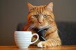 Boss Cat: The Ultimate Business Animal. A Portrait of a Feline Entrepreneur in the Office with Hot Drink and Contraption