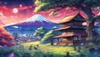 Colorful Vibrant Anime Sunset Landscape of a Traditional Japanese House with Galactic Sky Wallpaper Background