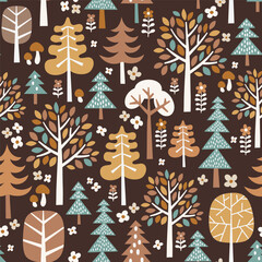 Wall Mural - Seamless vector pattern with hand drawn trees. Scandinavian woodland illustration. Perfect for textile, wallpaper or print design.