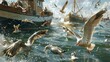 Gulls swoop and dive competing with fishermen for the daily catch as they navigate through the lively network of boats in the harbor.