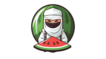 Character mascot logo. Arabian man with face mask, carry sword and watermelon in style.  Arab character vector illustration