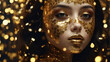 Portrait of a beautiful woman with golden make-up and golden sparkles on her face. Generative Ai