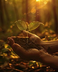 Wall Mural - A young sapling carefully held in nurturing hands against a background of radiant sunlight filtering through the forest canopy..