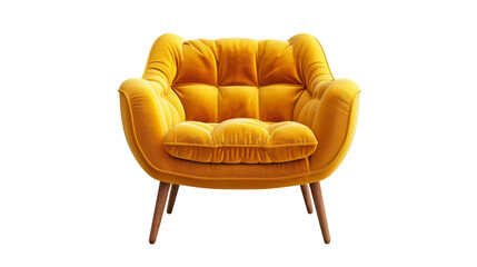 Vibrant yellow modern armchair with plush upholstery and wooden legs on a white background,ai generated