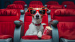 Dog hipster with cool red sunglasses holding popcorn and watching movie. Pets in glasses are eating popcorn and watching movies in the cinema.