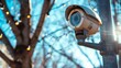 Security camera mounted on a pole with a backdrop of sunlit  branches
