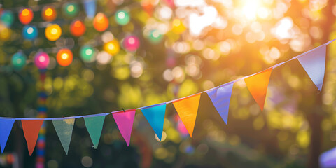 Decorative party pennants in sunny summer garden. Rainbow flag banners for birthday celebration. Hanging paper garland ready for a party.