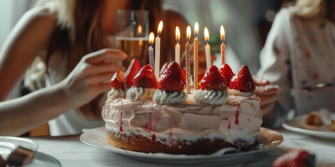 Poster - A strawberry-topped birthday cake with burning candles, indicating a celebration in progress.