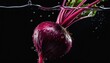 Beets cascading into water, generating captivating splashes against a dramatic black background