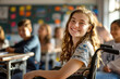 Cheerful teenage girl sitting in a wheelchair in a classroom in school. Disabled child learning new skills with her typical peers. Education for special needs children.