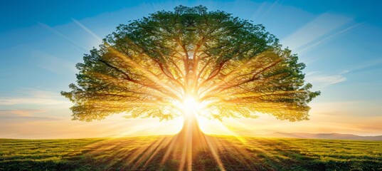 Poster - Majestic green oak tree in meadow under sunlight with clear blue sky, nature landscape