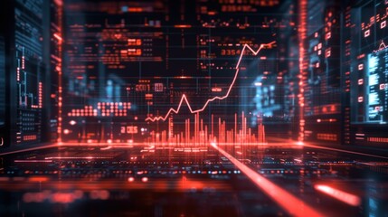 Wall Mural - Business concept showing graphs and charts with numbers and lines in the stock market An office at night showing a candlestick chart on a computer or laptop