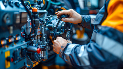 Car engine mechanical detail, automotive repair and technology in garage