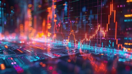 Wall Mural - Business concept showing graphs and charts with numbers and lines in the stock market An office at night showing a candlestick chart on a computer or laptop