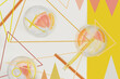 Photo mixed with graphics (abstraction): summer drinks with grapefruit and lemon, yellow and peach; top view. 