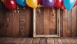 © Александр Бердюгин - Add joy to your memories with our festive photo frame mockup. Colorful balloons, confetti on wooden background, ready for your photos