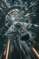 Wall Mural - A futuristic spaceship flying through a tunnel at a high speed