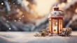 Warmth of a Winter Lantern, warmly lit lantern rests on fresh snow, surrounded by pine branches, casting a soft glow that promises the cozy charm of holiday evenings