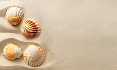 Wall Mural - Seashell decorations on soft beach sand background, Generative AI 