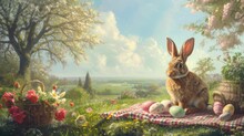 Under The Clear Blue Sky, The Rabbit Sits On A Picnic Table Surrounded By Easter Eggs And Lush Green Grass. The Natural Beauty Of The Scene Resembles A Piece Of Art In Nature AIG42E