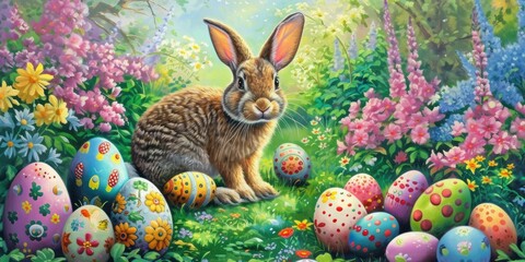 Audubons Cottontail rabbit is hidden in the vegetation next to Easter eggs in its natural environment of grass and flowers AIG42E