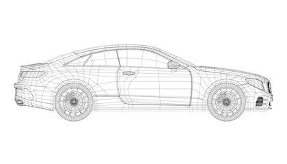 Wall Mural - Wireframe of a two door modern car made of black lines isolated on a white background. Side view. Vector illustration. 3D. Side view