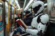 a robot resembling a human is sitting in a crowded metro during rush hour reading a book after a working day