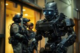 Fototapeta  - a humanoid police robot is assisting a police SWAT team in breaching a door