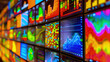 A wall of monitors showing a vibrant array of live stock market charts and trading data